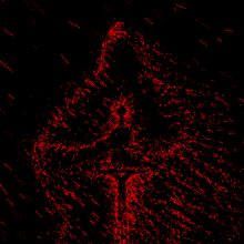 a black background with red dots that looks like a painting