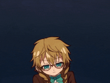 a girl with blonde hair and blue eyes is wearing glasses and a green bow tie