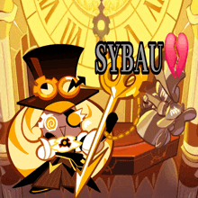 a cartoon character with a top hat holding a key with sybau written on it