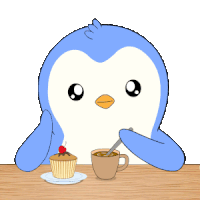 a blue penguin is sitting at a table with a cup of coffee and a cupcake