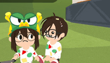 a boy and a girl are standing next to each other with one wearing a bird hat