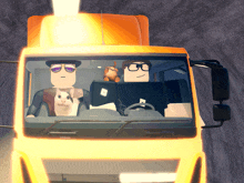 two cartoon characters are driving a truck with a cat on the back seat