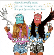 a drawing of two girls wearing hats that say " wild one "