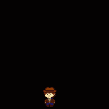 a pixel art of a man in a cowboy hat standing in front of a red brick
