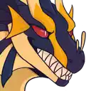 a cartoon drawing of a dragon 's head with sharp teeth and red eyes .