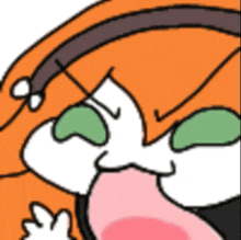 a close up of a cartoon character 's face with orange hair and green eyes