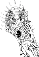 a black and white drawing of a woman with a huge head