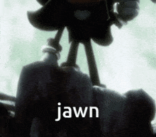 a shadow the hedgehog standing on a rock with the word jawn written below him