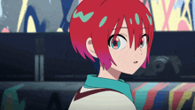 a girl with red hair and blue eyes is looking at the camera
