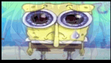 a cartoon of spongebob with glasses and a sad face