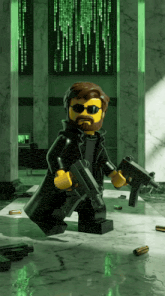 a lego man with a beard and sunglasses holds two guns