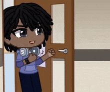 a cartoon character wearing headphones and a watch stands in front of a door
