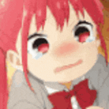 a close up of a cartoon girl with red hair and a red bow tie .