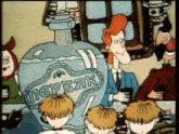 a group of cartoon characters are sitting around a table with a large bottle that says ncp3ak on it