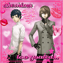 two anime characters are standing next to each other on a pink background with the words " too goatted "