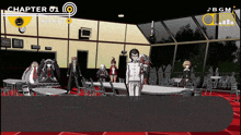 a video game shows a group of people standing around tables and chairs with the words chapter 01 morning on the top left