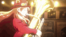 a woman is playing a tuba in front of a sign that says jazz