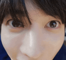 a close up of a person 's face shows their eyes and nose