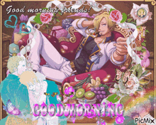 a picture of a man laying on a couch with the words good morning friends on it