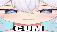 a close up of a girl 's face with the word cum written on the bottom