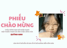 a picture of a girl with glasses and the words phieu chao mung on the bottom