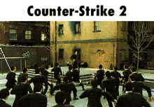 a poster for counter-strike 2 shows a group of men in suits dancing in front of a brick building