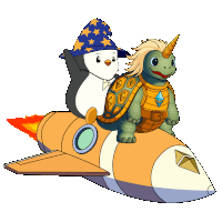 a penguin and a turtle are flying on a rocket