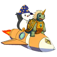 a penguin and a turtle are flying on a rocket