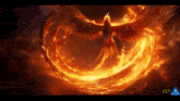 a painting of a phoenix surrounded by flames with pgv written on the bottom