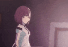 a girl with short purple hair is standing in a dark room .