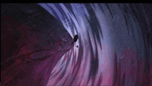 a painting of a purple tunnel with a rock in the middle of it .