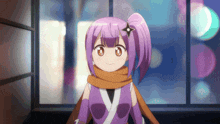 a girl with purple hair and a ninja sword on her head