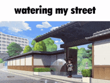 a cartoon of a girl holding an umbrella with the words watering my street below her