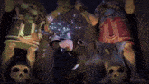 a group of cartoon characters are standing next to each other in a dark room .