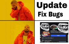 a man in a red jacket is making a meme about fixing bugs