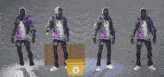 a man standing next to a recycling bin with a recycle symbol on it