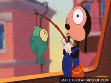 a goofy cartoon character is fishing with a fish hanging from a pole