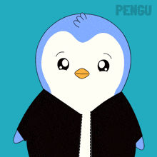 a penguin wearing a black jacket and the word pengu on the bottom right