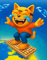 a cartoon cat is laughing and crying while standing on top of a keyboard