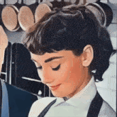 a painting of a woman in an apron and white shirt