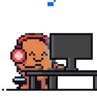a pixel art illustration of a bear wearing headphones and playing a computer game