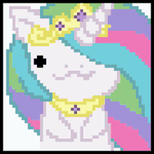 a pixel art drawing of a unicorn with a crown on her head