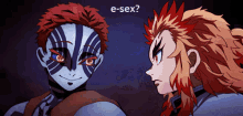 two anime characters are looking at each other with the words e-sex written above them