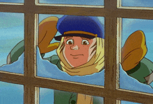 a cartoon character is looking out a window