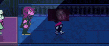 a pixel art of a person standing in a dark room with a picture of a person behind them .
