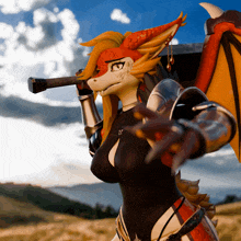 a statue of a dragon holding a sword with the letter r on it