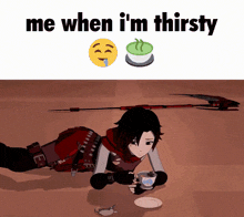 a cartoon character is laying on the ground with a cup of tea