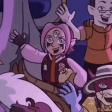 a cartoon character with a letter b on her jacket is surrounded by other characters