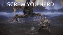 a video game scene with the words screw you nerd in the corner