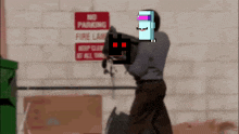 a pixel art drawing of a man walking in front of a no parking fire lane sign